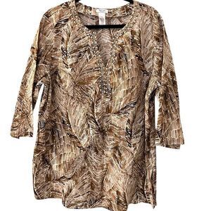 Liz & Co Woman Cotton‎ Brown & White Leaf Print V-Neck Tunic Beads Size 2X